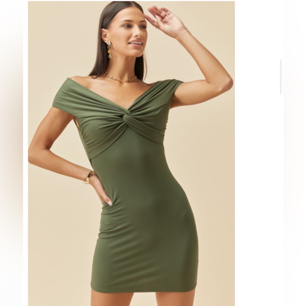 Charlie Off The Shoulder Mini Dress Olive Green